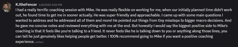 Original Discord coaching review from KJtheFencer